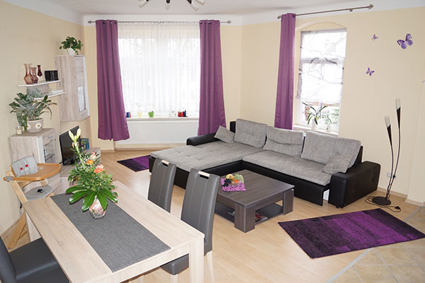 Heller Wohnbereich der Wohnung mit Sofa, Sessel und Esstisch
